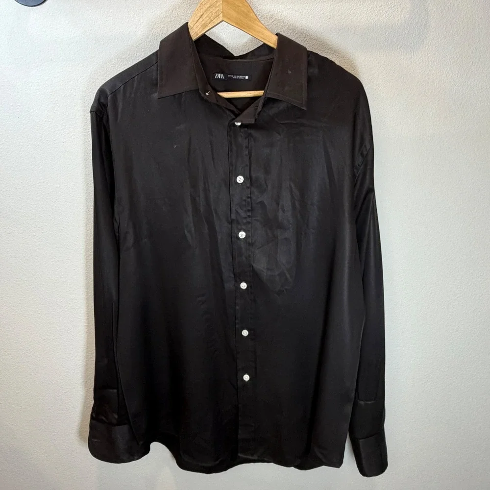 Zara Man Expresso Long Sleeve Button Down Satin Sheen Shirt XL 0342